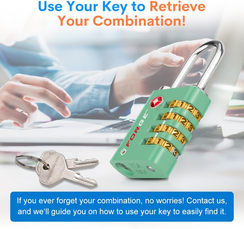 Forge Dual-Opening: Key or Combination Access Lock, TSA Approved Locks for Luggage, Pelican case, Travel, Gym, School, Stainless Steel Shackle. (Multi Color, 4 Pk)