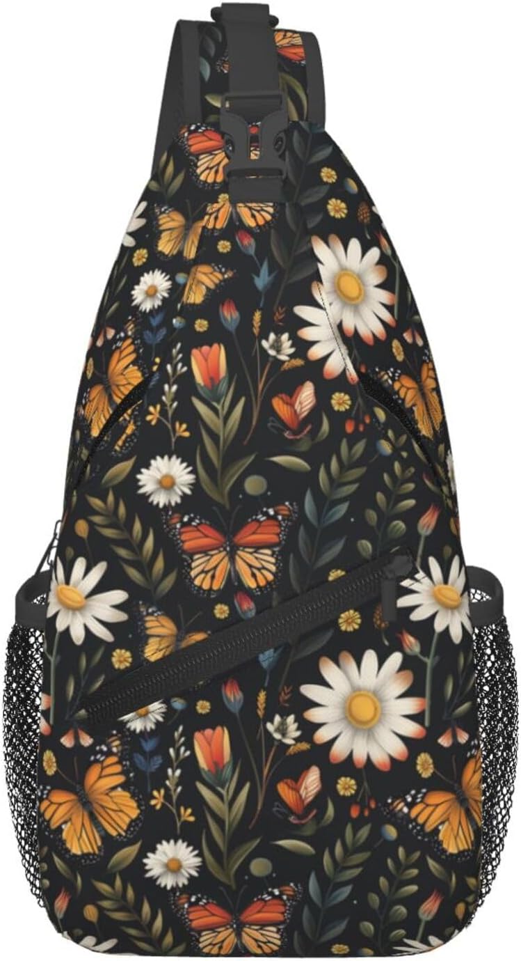 SUPLUCHOM Sling Bag Vintage Butterfly Daisy Leaf Hiking Daypack Crossbody Shoulder Backpack Travel Chest Pack for Men Women