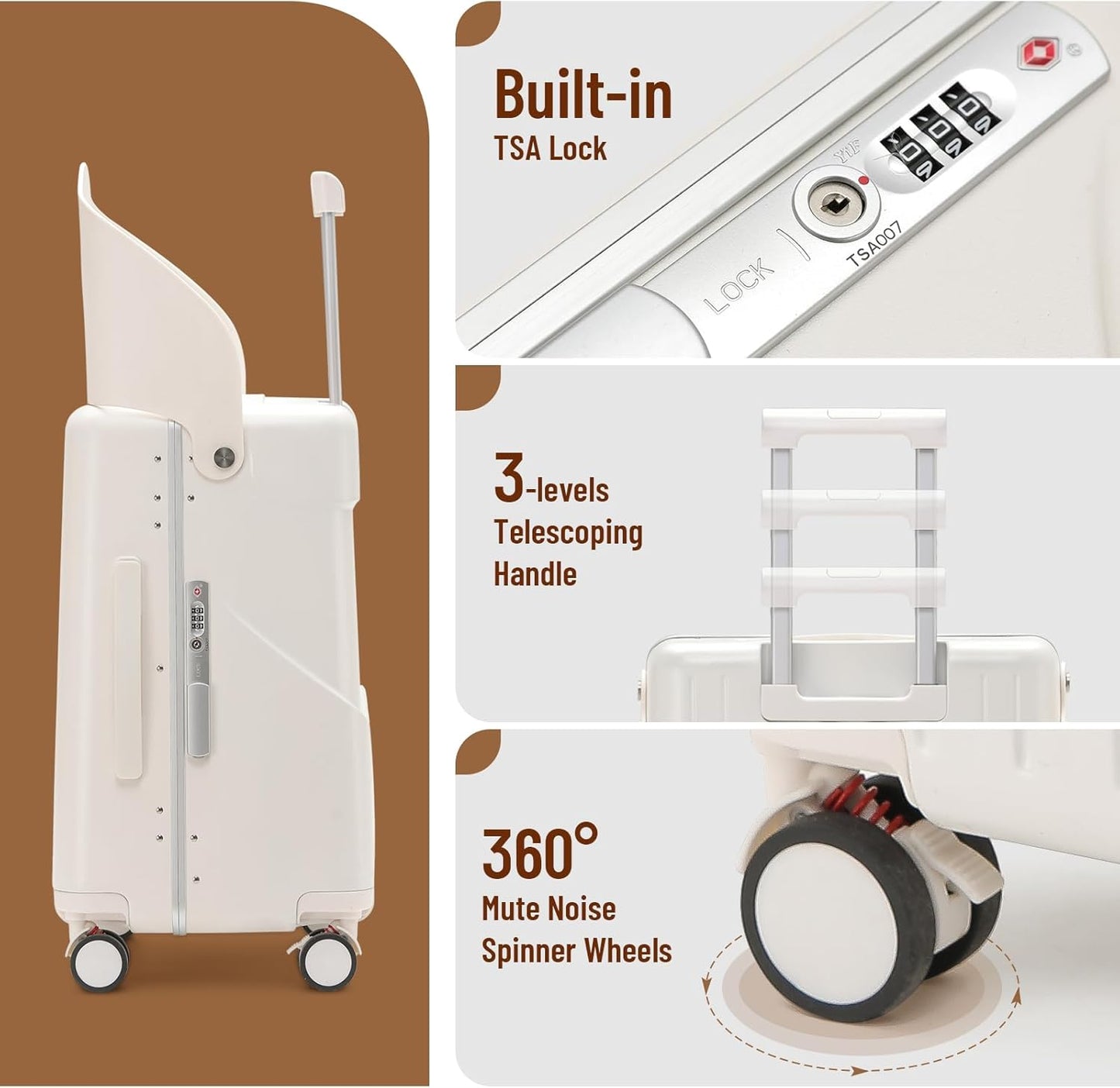 22 Inch TSA Lock Luggage with Seat for Adults and Kids,Check in Lockable Spinner Wheels Suitcase with Belt and Cover (TSA Luggage with Child Seat White)
