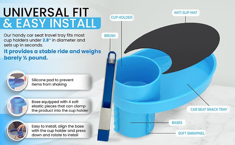 Complete Kids Travel Tray Kit - Easily Expands Cup Holder into 360° Cup & Travel Tray for Kids Car Seat, Booster, and Stroller - Toddler Road Trip Essentials Set Includes Coaster & Brush (Blue)