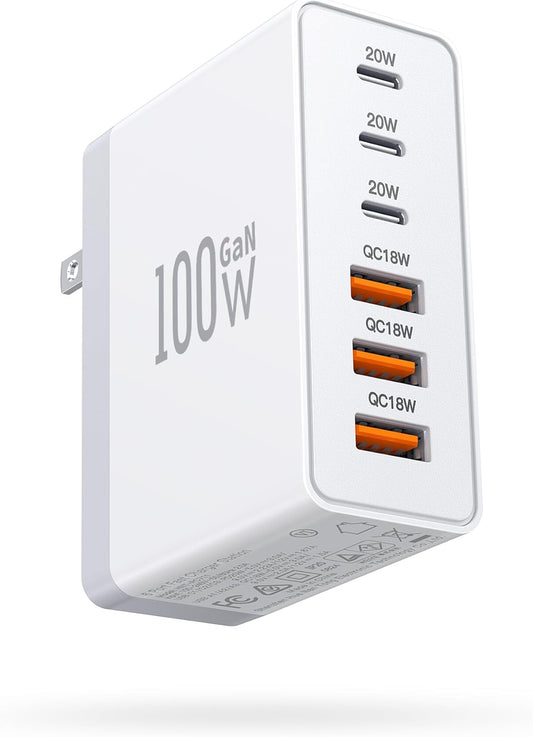 100W USB C Wall Charger,6-Port PD Fast USB C Charging Block,3 Type C+3Type A Multiport Plug,6 in 1 Charger Compatible with for iPhone 16/15/14/13/12/ProMax,iPad,AirPods4,Galaxy S25/S24,Watch,AirPorts