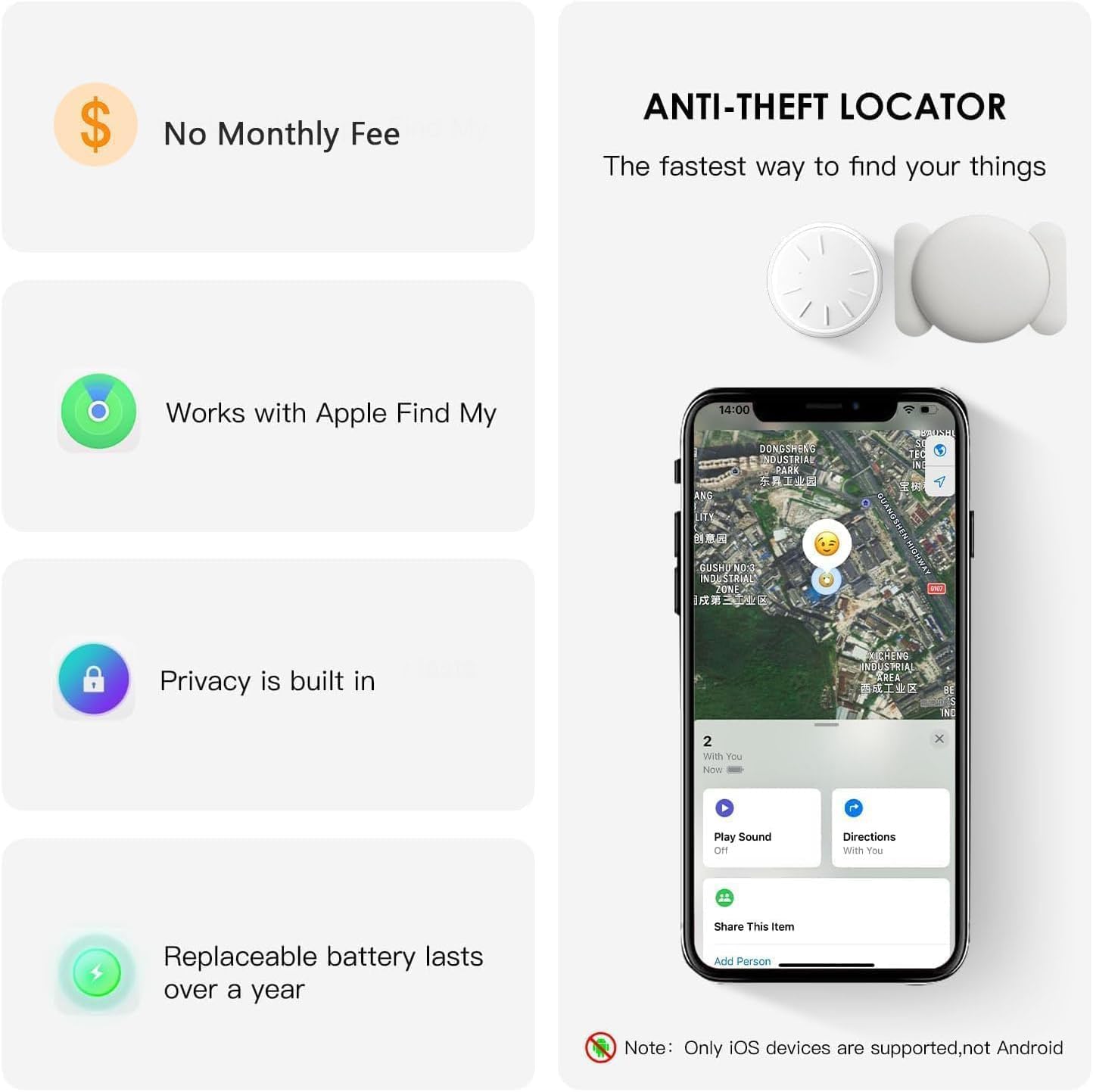 No Subscription Vehicle GPS Tracker,Portable Car GPS Tracker Work with Apple Find My（iOS Only,Mini Magnetic GPS Device Full Coverage Pinpoint Vehicle Location Elderly Children Pets (White,1PCS)