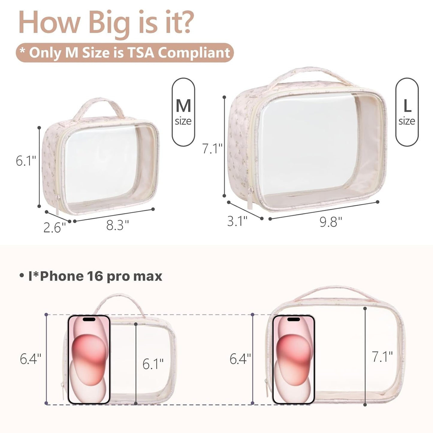 PACKISM Clear Makeup Bag - 2 Pack TSA Approved Toiletry Bag with Handle and 180° Large Opening, Sturdy Clear Toiletry Bag Fit Carry-on Travel Essential, Travel Bags for Toiletries, Pink Ditsy Floral