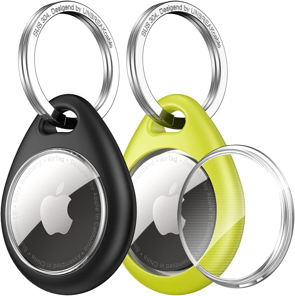 UNBREAKcable 360° Protective Case for AirTag, [2-Pack] AirTags Keyring Holder, Scratch-Resistant, Lock Design, Keychain for AirTag, TPU Full Cover Case for Key, Bag, Luggage, Pet Collar (Black&Green)