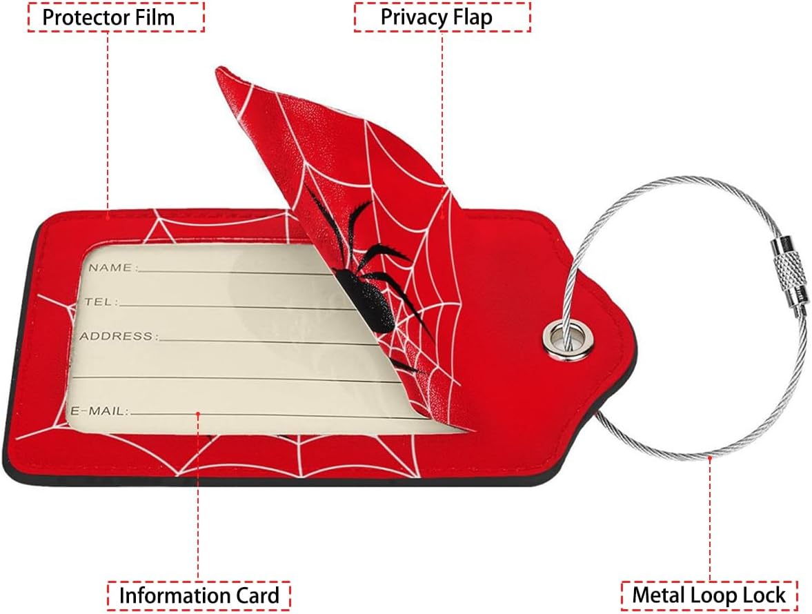 Spider Web 2 Pack Luggage Tag for Suitcase, Cute Unique Leather Bag Tags Identifiers Privacy Cover ID Label with Steel Loop for Women Men Kids Girls Travel,