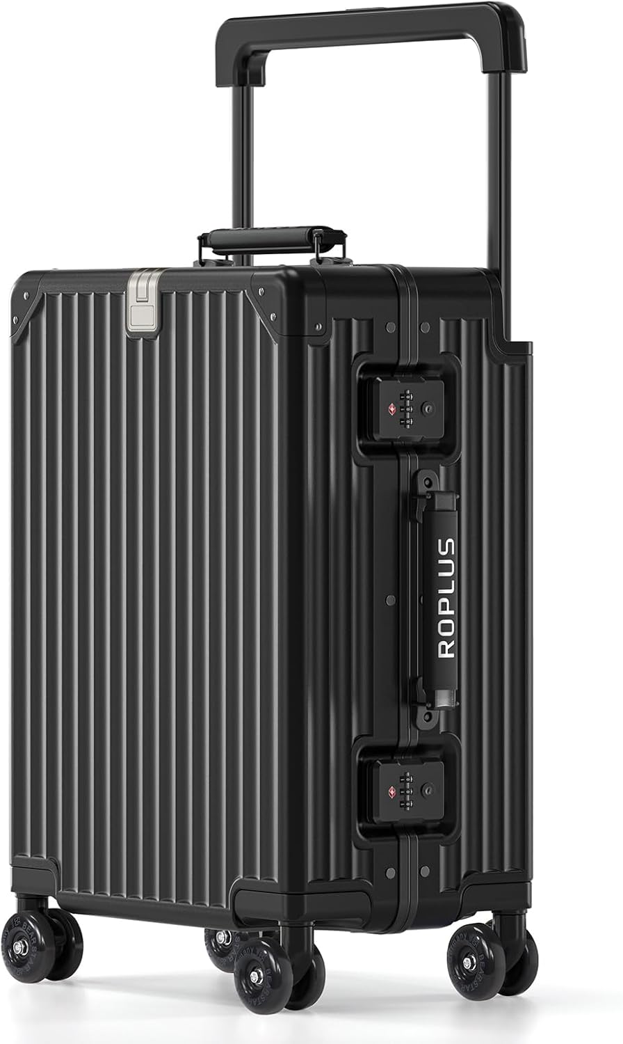 Aluminium Frame Carry on Luggage with Smooth Jelly Wheels, Hardside Zipperless Rolling Suitcase with TSA Lock (Pure Black, 21-Inch)