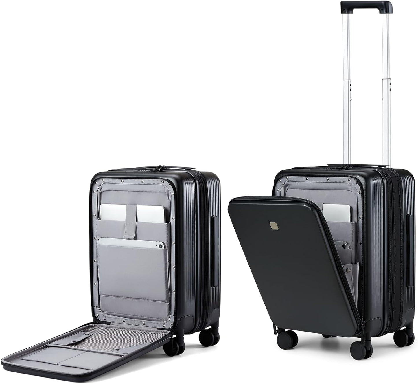 Hanke Grace Expandable Carry On Luggage with Wheels Airline Approved Hard Shell Suitcases with Front Pocket，Top Opening Luggage with TSA Lock for Short Business Travel, Jet Black.