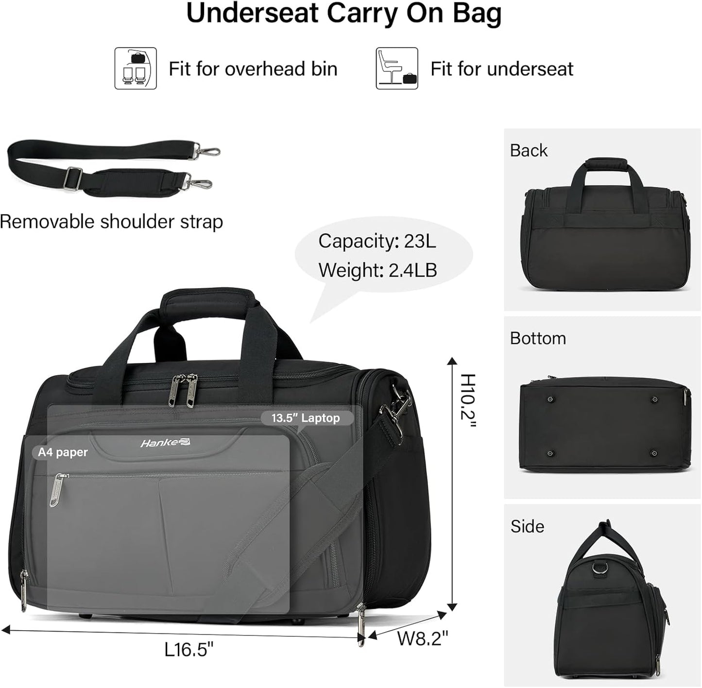 Hanke Underseat Carry On luggage Bags for Travel, Foldable Travel Bags for Women, Soft Lightweight Personal Item Travel Bag Small Carry On Bags for Airplanes, Travel Tote Bags for Women Men.（Black）