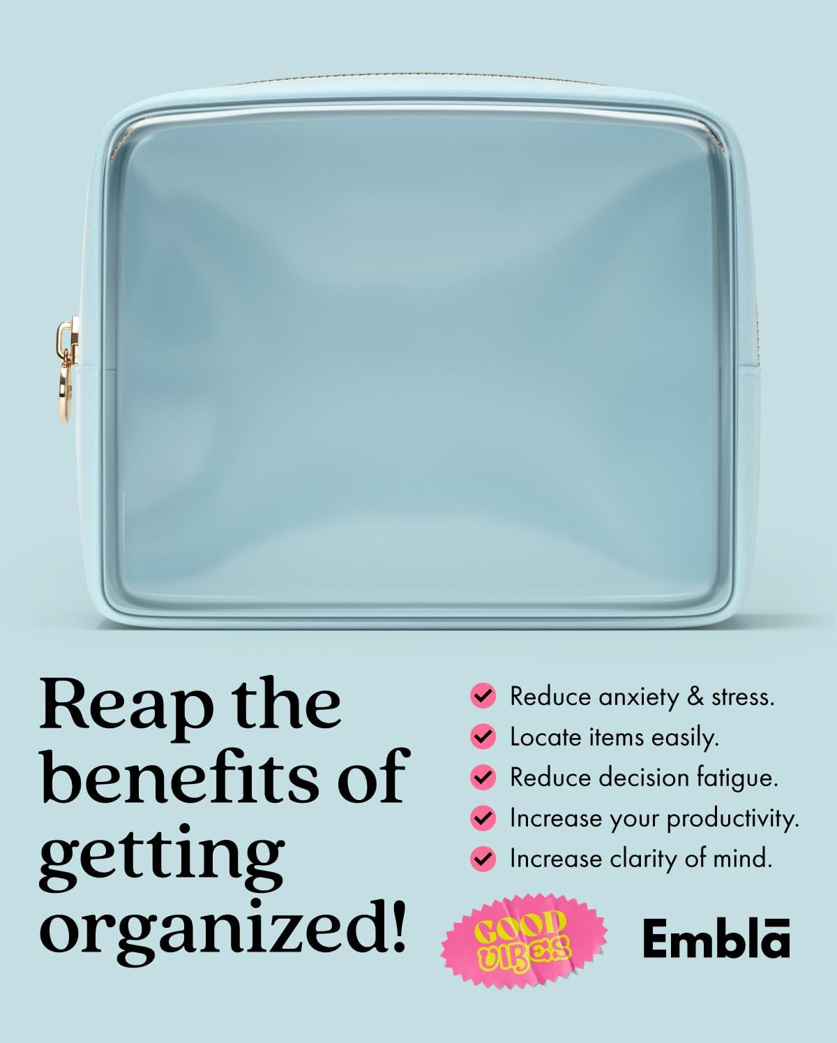 Clear Makeup Bag Zipper Pouch, Transparent Cosmetic Case Organizer, TSA Approved Travel Toiletry Case, Travel Accessories Essentials Makeup Tote for Women, Large Cute Make up Bag for Purse - Sky