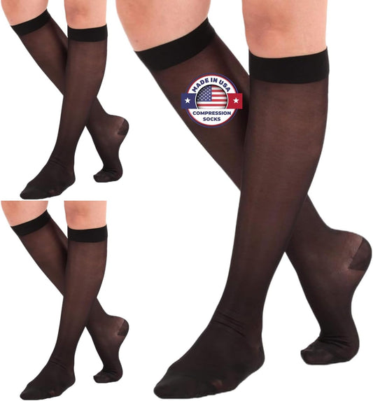 (3 Pairs - Closed Toe) Made in USA - Compression Socks for Women 15-20mmHg - Sheer Compression Knee High Stockings for Post Surgery, Pregnancy, Arthritis, Edema - Black, Large - A101BL3-3