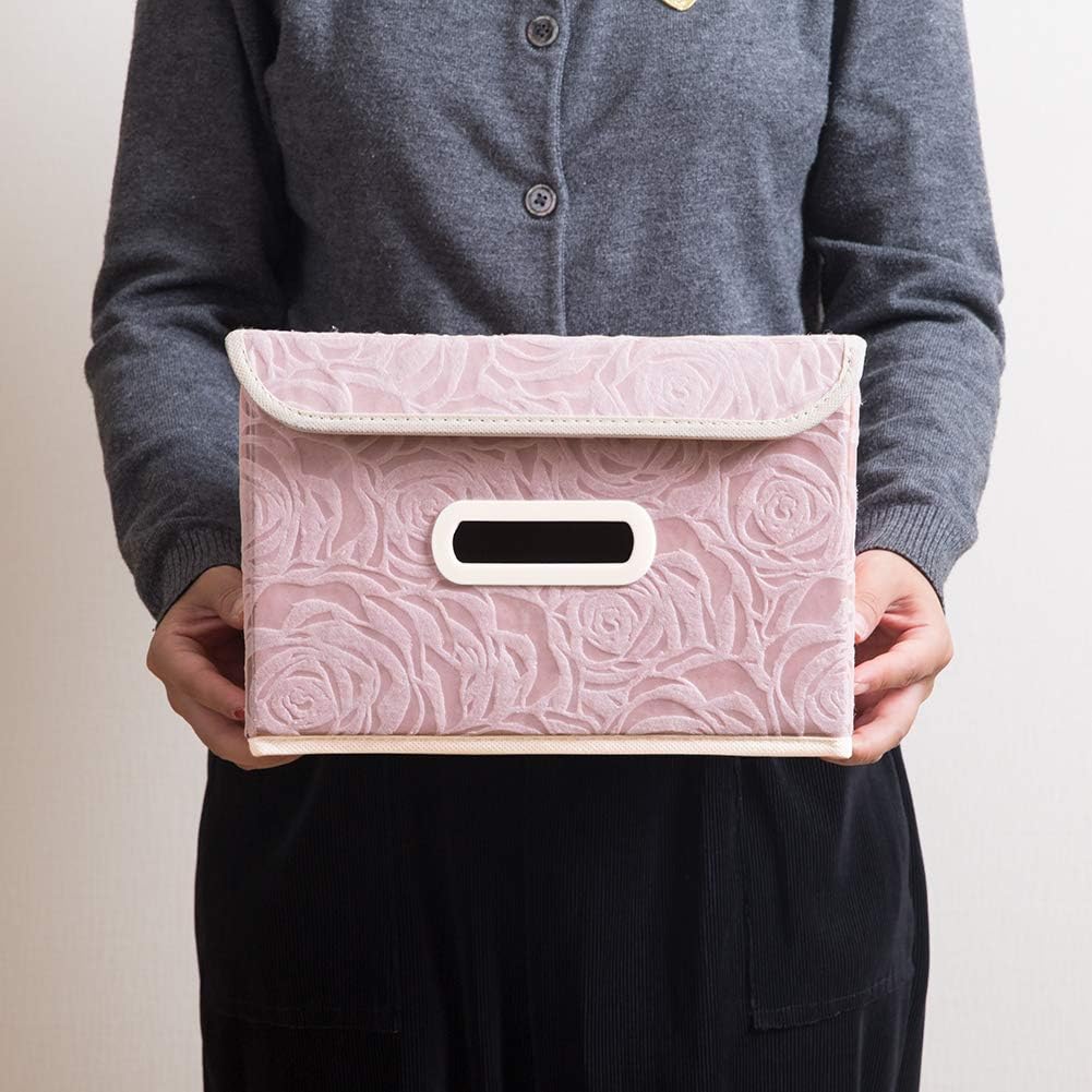 PRANDOM Foldable Storage Boxes with Lids [5-Pack] Fabric Decorative Storage Bins Cubes Organizer Containers Baskets with Cover Handles Divider for Bedroom Closet Living Room Pink 9.8x7.9x6.7 Inch