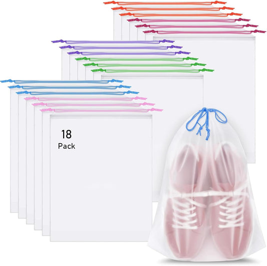 18 Pack Shoe Bags for Travel, 15.7" x 11.8" Clear Travel Shoe Bags for Packing with Colorful Drawstring, Large Waterproof Portable Travel Shoe Storage Bag Travel Essentials Women for and Men