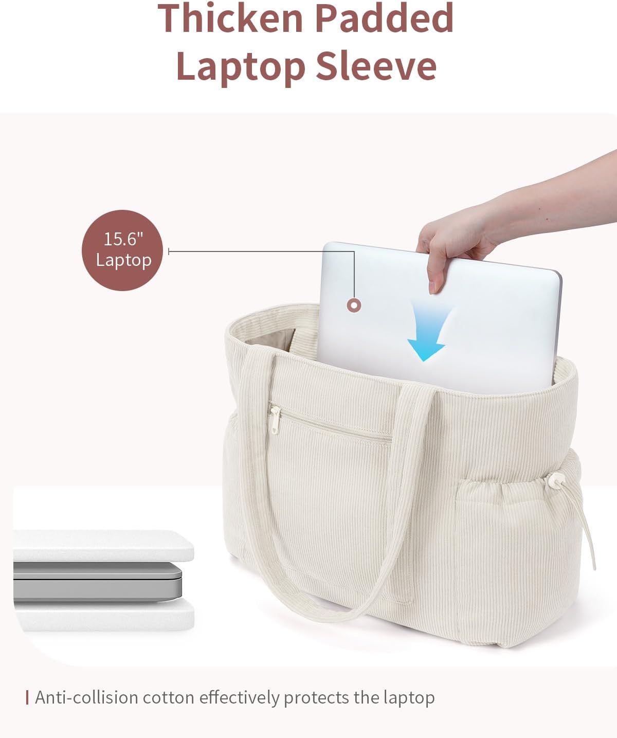 ECOHUB Tote Bag for Women, Work Tote Bags with Laptop Compartment, Large Corduroy Tote Bag with Stanley Cup Holder