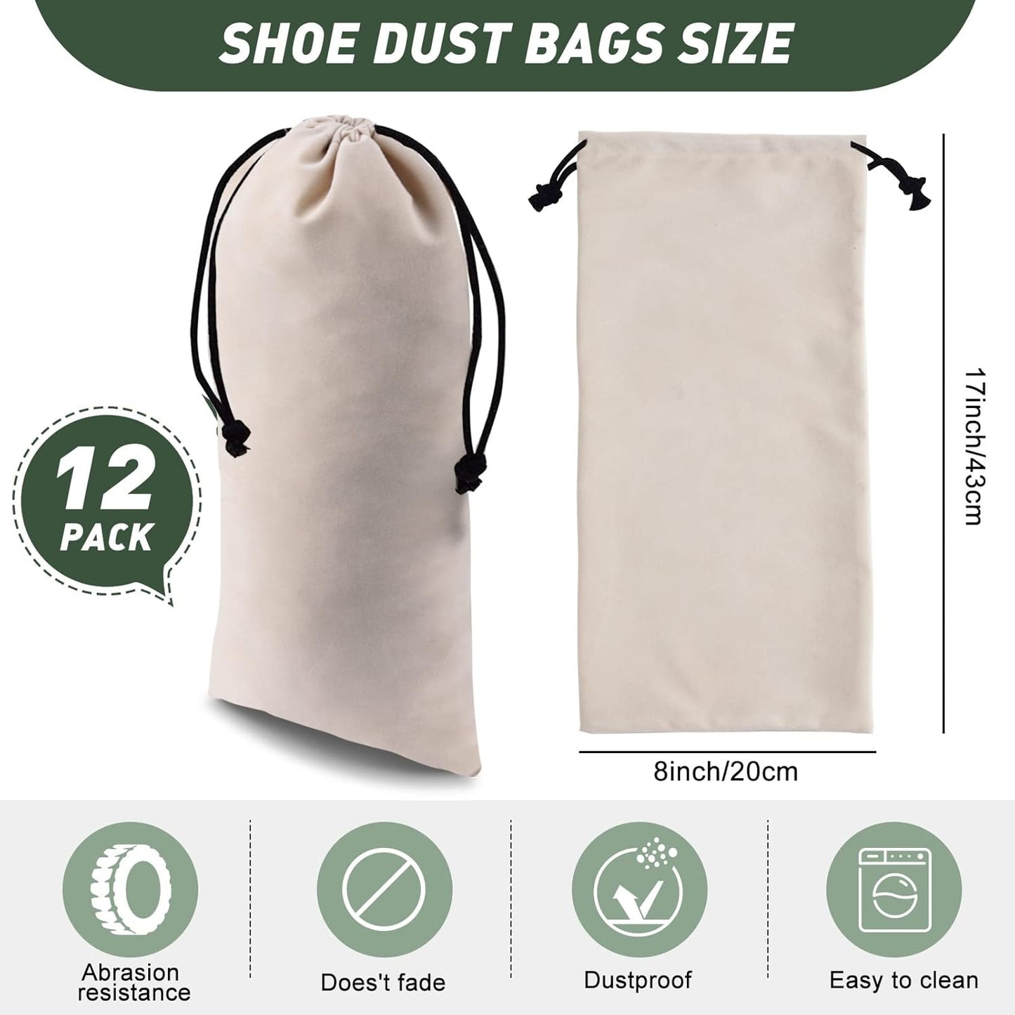12 Pcs Shoe Dust Bags Beige Duster Flannel Single Shoe Pouch with Drawstring Closure Washable Breathable Shoe Covers for Travel Home Luggage Handbags, 8 x 17 Inches