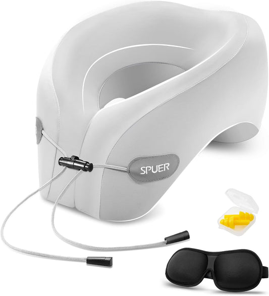 Travel Pillow – Neck Pillow Airplane, Travel Pillows for Airplanes, Airplane Travel Accessories with Eye Mask, Earplugs, Ergonomic Memory Foam Neck Pillow for Sleeping, Flights, Cars, Office (Gray)