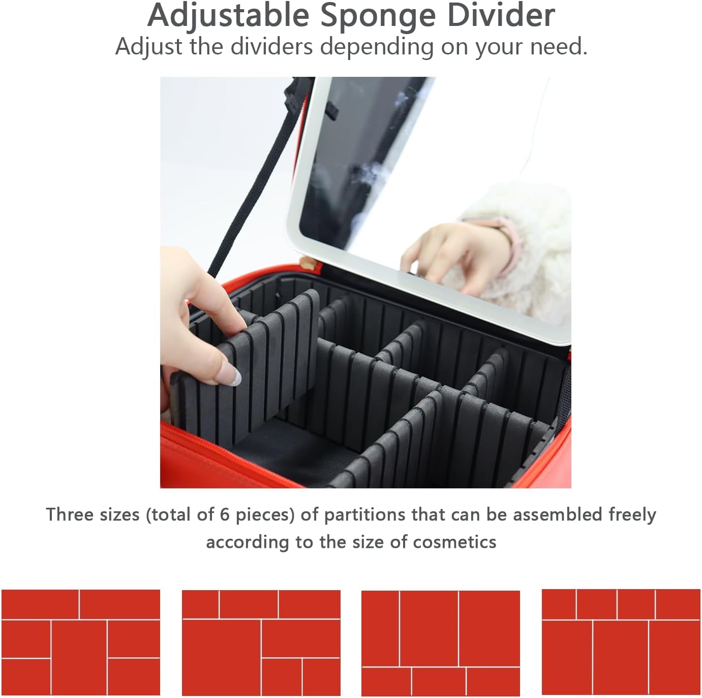 Makeup Bag with Led Mirror,Travel Makeup Organizer with 3 Color Setting & 10X Magnifying Mirror, Portable Storage and Adjustable Dividers Travel Makeup Bag-red