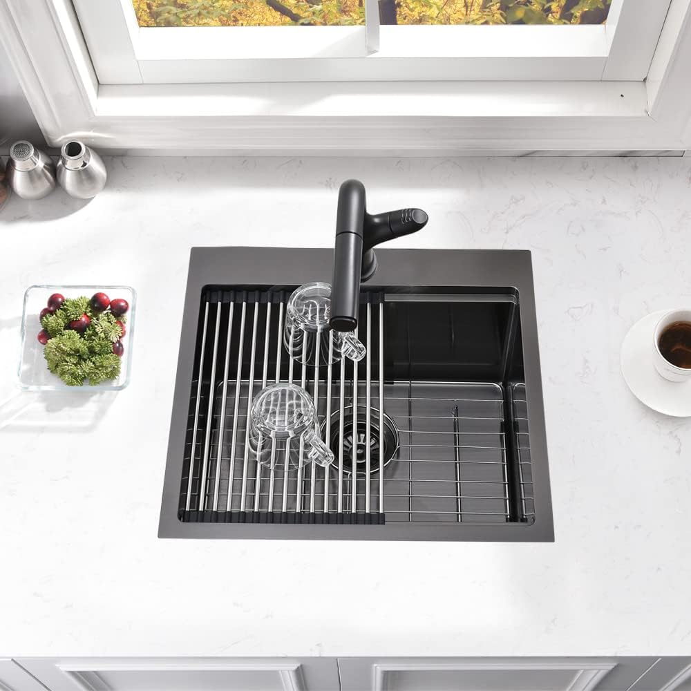 21 Inch Drop In Bar Sink- Bokaiya 21x20 Black Stainless Steel Drop In Wet Bar Outdoor RV Sink Topmount 16 Gauge Single Bowl Kitchen Sinks with Cutting Board