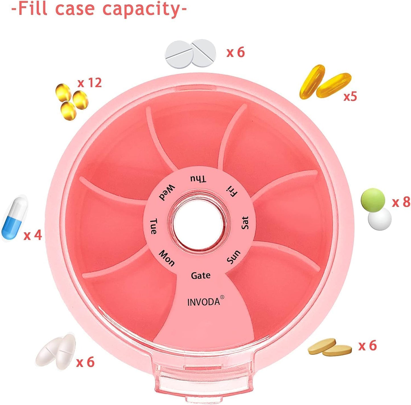 12PCS INVODA Weekly Pill Organizer 7 Compartment Rotating Pill Box for Daily Medication & Vitamins - Portable Travel Pill Case Fish Oil Supplements Vitamins Organizer