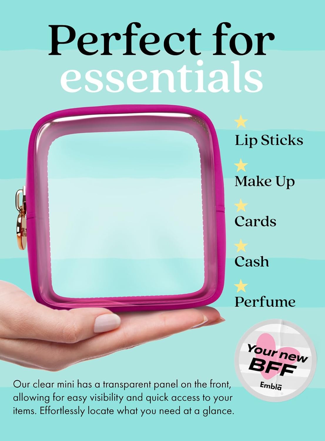 Clear Makeup Bag Zipper Pouch, Transparent Cosmetic Case Organizer, TSA Approved Travel Toiletry Case, Travel Accessories Essentials Makeup Tote for Women, Mini Cute Make up Bag for Purse - Fuchsia