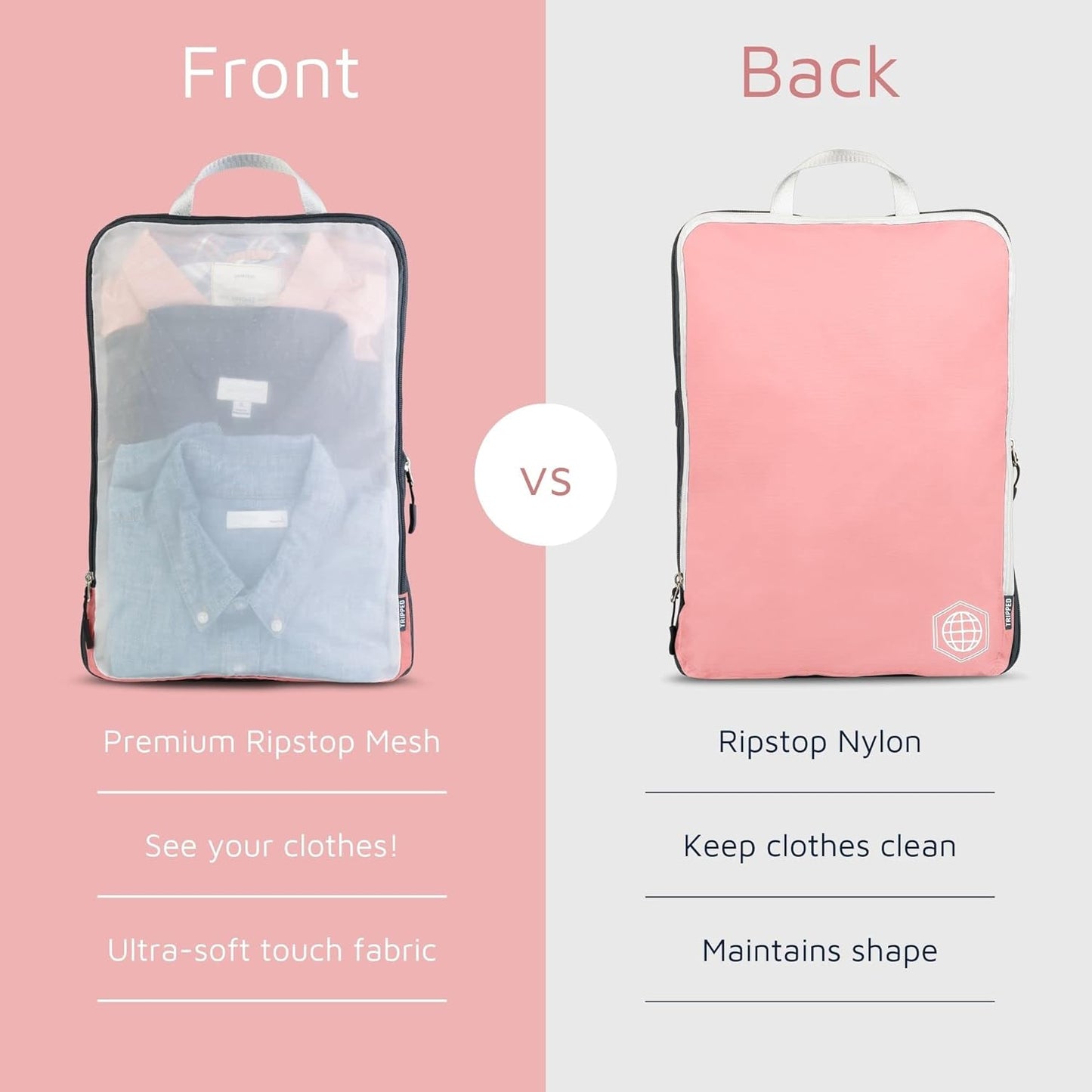 Large Packing Cube Set with See Through Mesh- Compression Packing Cubes Travel Organizers by TRIPPED Travel Gear (Dusty Rose)