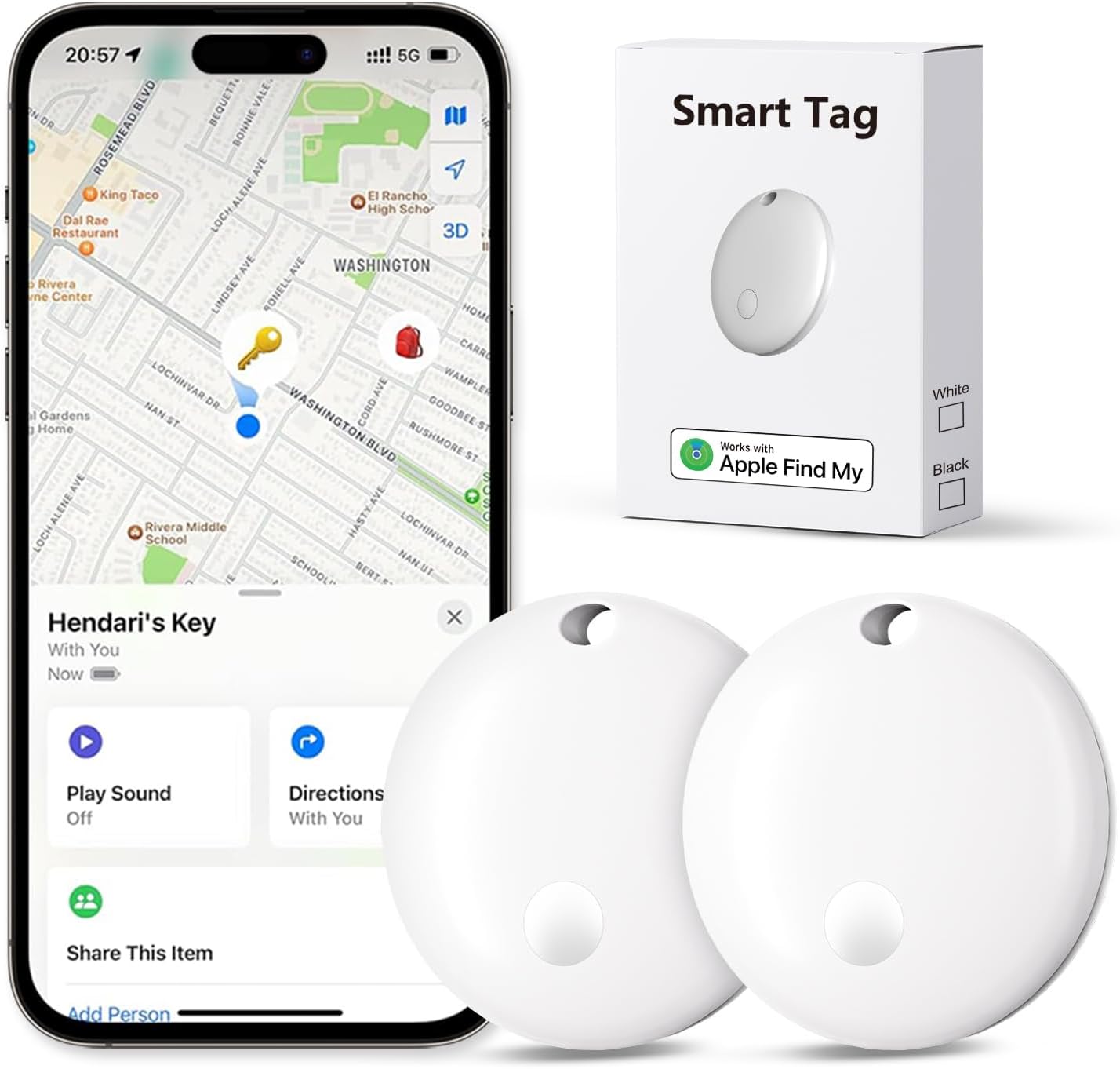 Tracker Tags, Item Finder Work with Apple Find My (iOS Only), Tracking Device Locator Smart Tag for Luggage, Keys, Wallet, Bike, Pets, Bags (White, 2 Pack)