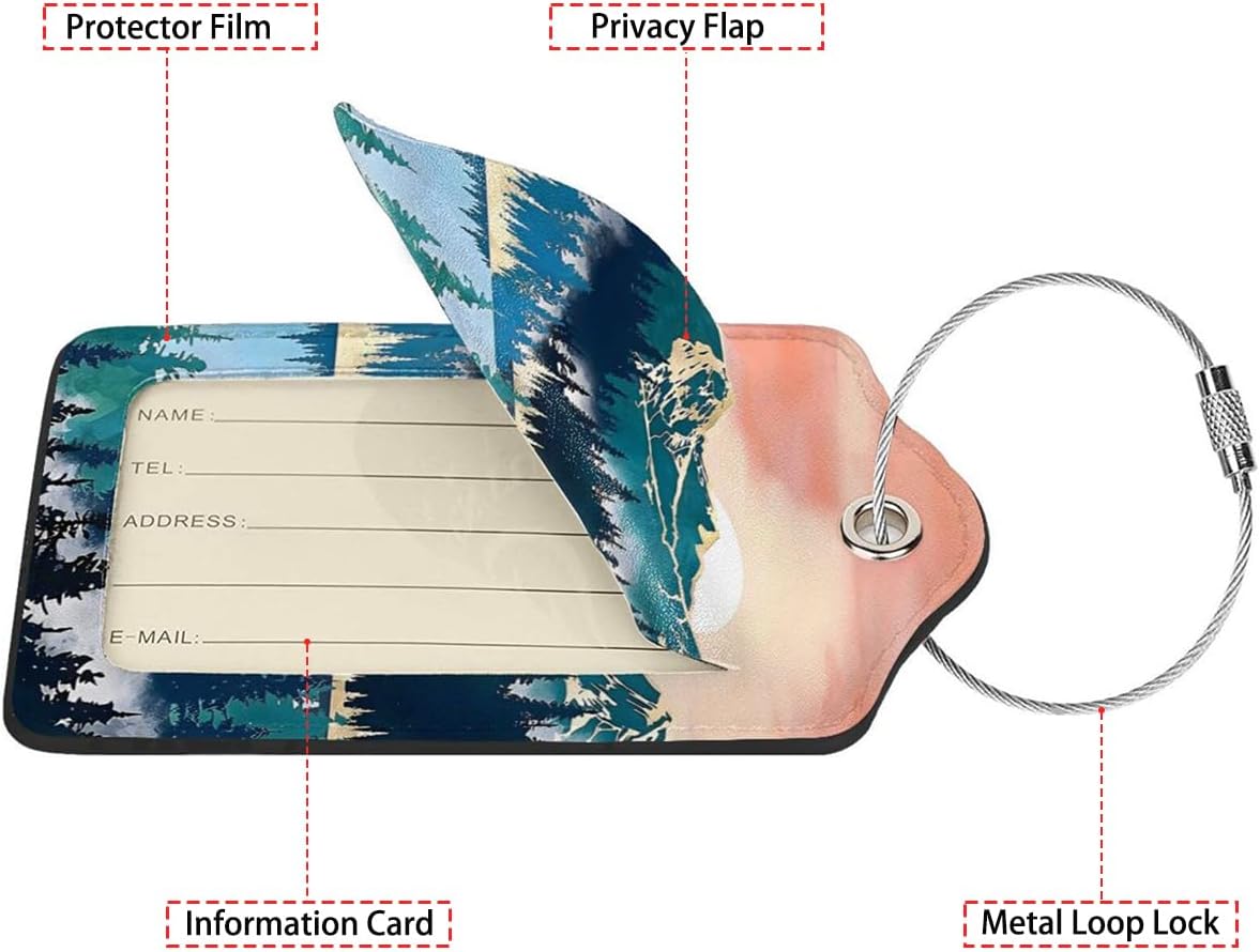 Mountain Forest Landscape Painting 2-Pcs Premium Leather Tags with Privacy Covers,Luggage Tag Stainless Steel Loops Ideal for Suitcases, Travel Bags, Backpacks