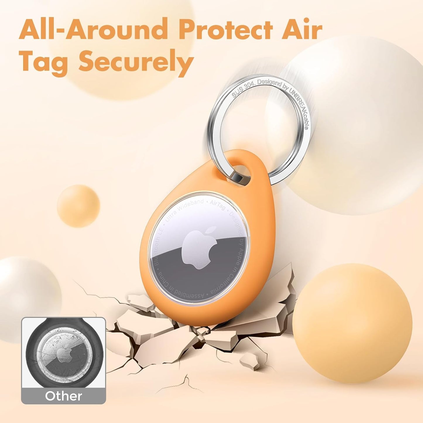 UNBREAKcable Holder for Apple AirTag with 304 Stainless Steel Keychain Key Ring - 4 Pack [Fit Tightly Design] [Easy to Install] [Hold Air Tag Securely] Waterproof TPU Shell Protective Case, 4 Color