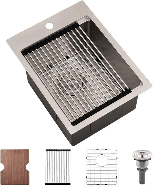 15 Inch Drop In Bar Sink Workstation-Bokaiya 15x20 Small Kitchen Outdoor Rv Sink Stainless Steel 16 Gauge Wet Bar Drop In Single Bowl Island Sinks with Cutting Board