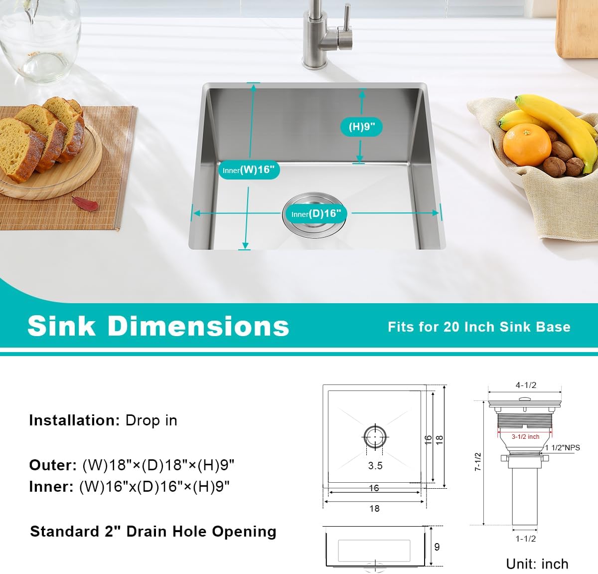 18 Inch Undermount Kitchen Sink Brushed, 18 Gauge T-304 Stainless Steel Handmade Single Bowl Kitchen Bar/Prep Sink Undermount, 18"x18"x9"