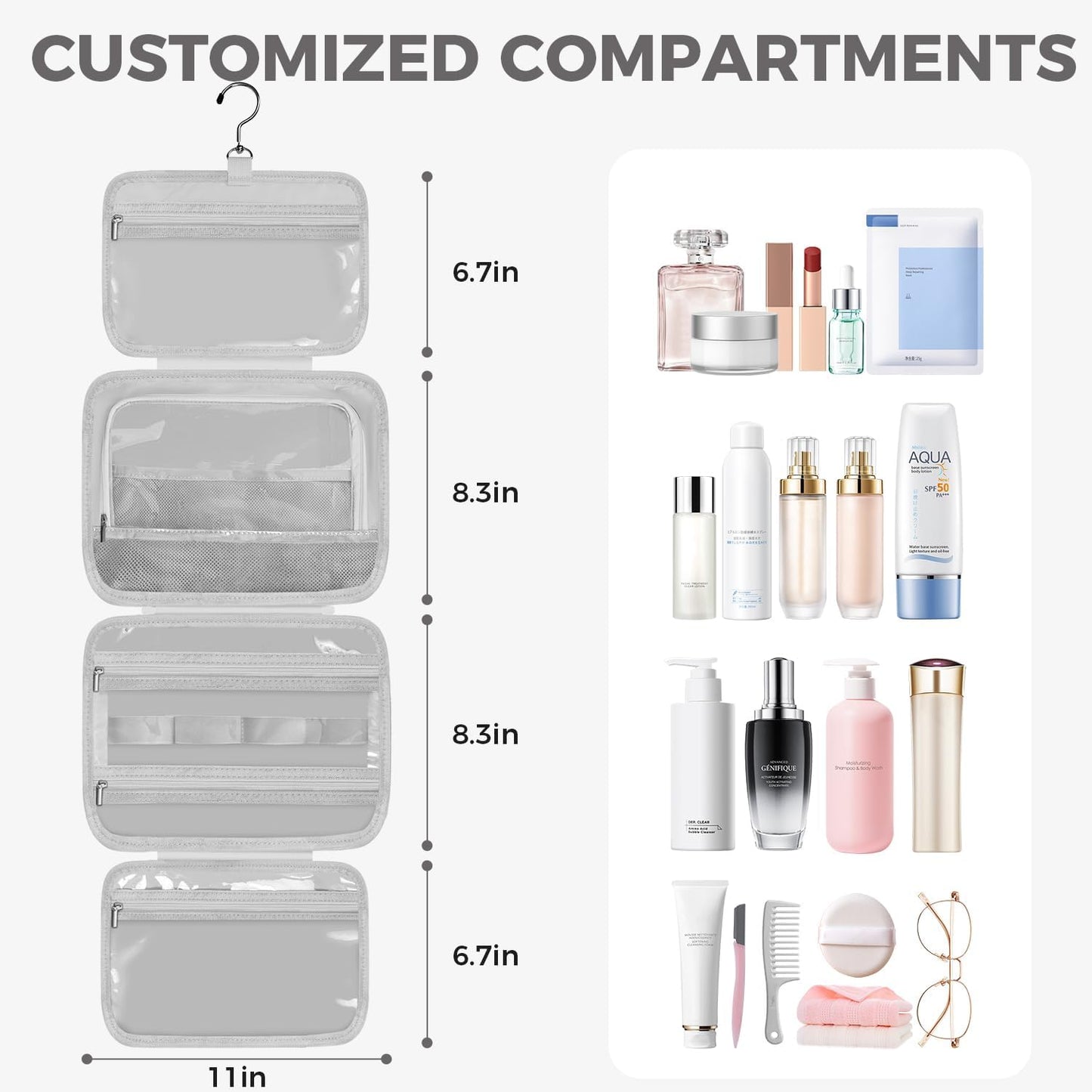 Toiletry Bag For women,Portable Hanging Organizer,4 Leakproof Compartment for full-sized Conditioner, Brushes Set, Makeup Accessories,Visible and easy to access.M-grey