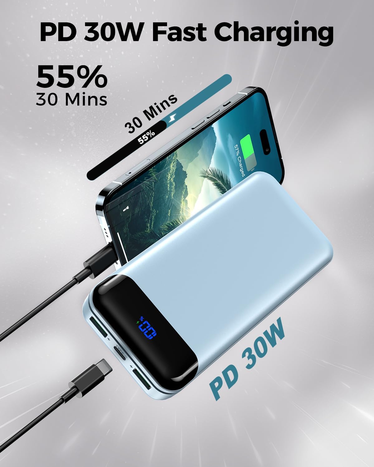 Portable Charger Power Bank 40000mAh Powerbank PD 30W and QC 4.0 Fast Charging External Battery Pack with USB-C LED 3 Outputs & 2 Inputs Portable Charging for iPhone 15 14 13 (Blue)