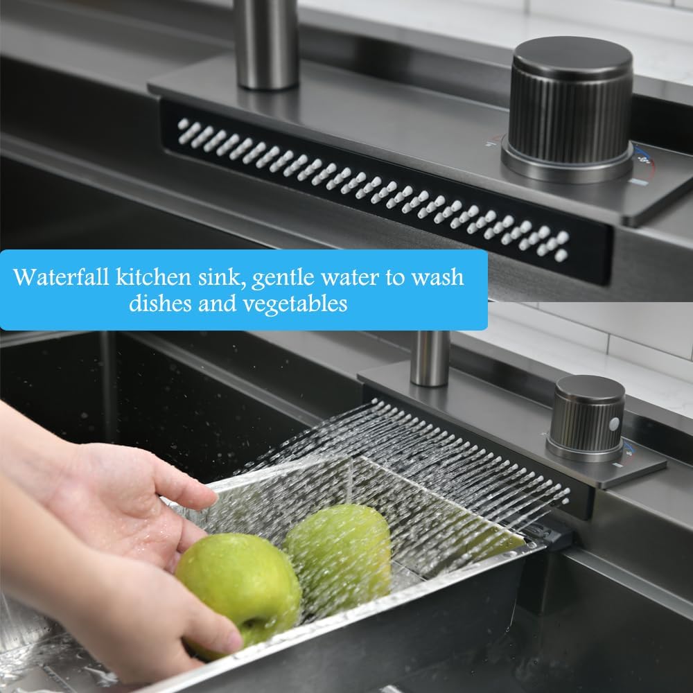 33 Inch Black Waterfall Kitchen Sink Workstation -Bokaiya 33x19 Drop In Kitchen Sink with Faucet Black Stainless Steel Waterfall Sink 16 Gauge Single Bowl Modern Kitchen Sinks with Cutting Board