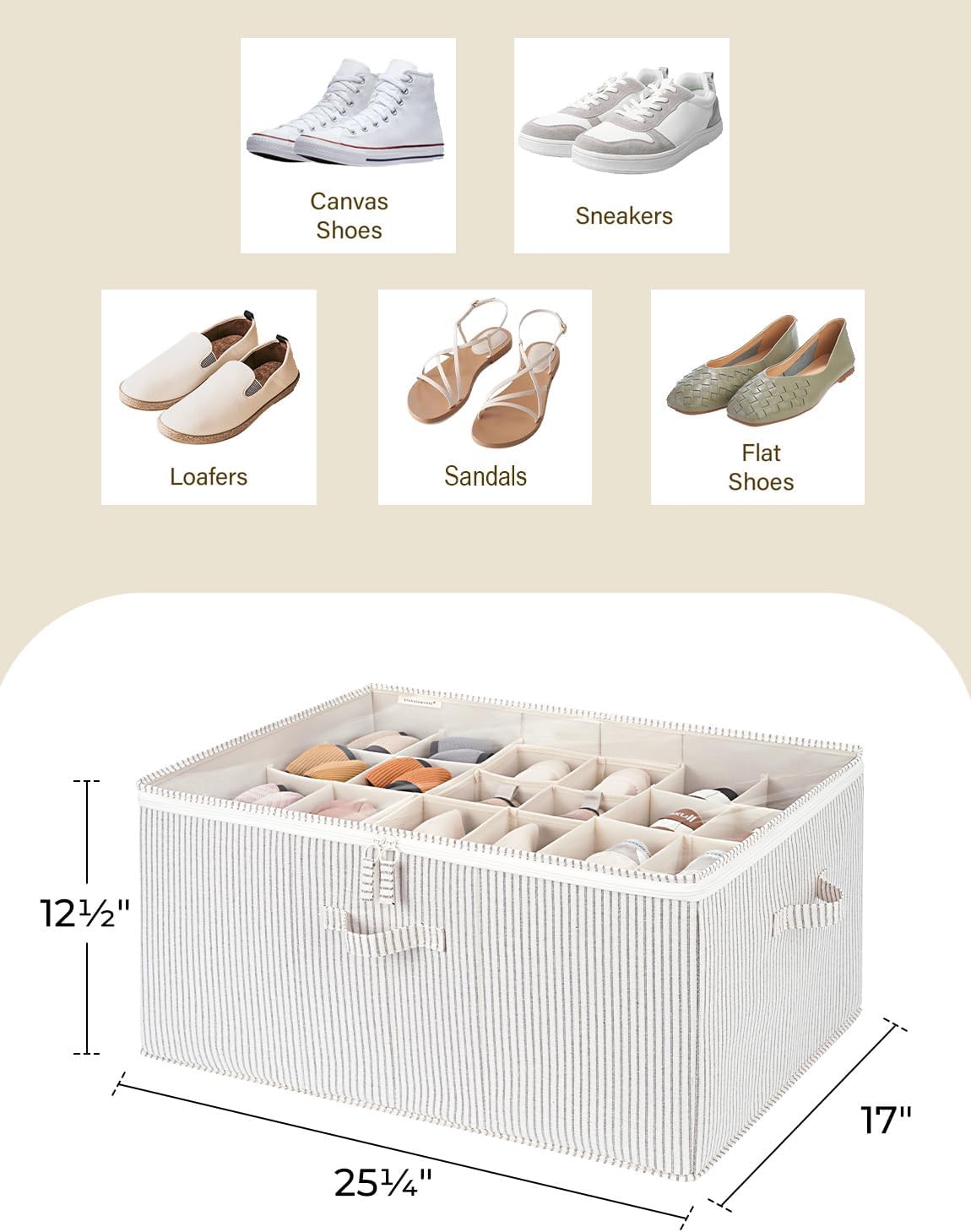 StorageWorks Shoe Organizer for Closet, Fits up to 24 Pairs, Shoe Cubby Storage Containers with Adjustable Dividers and Clear Cover, Gray and White Stripes