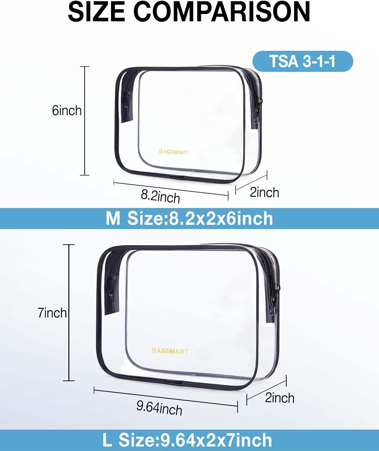 BAGSMART Clear Toiletry Bag, TSA Approved Travel Toiletry Bag Carry On Travel Accessories Bag Airport Airline Quart Size Bags water-resistant Makeup Bag for Women