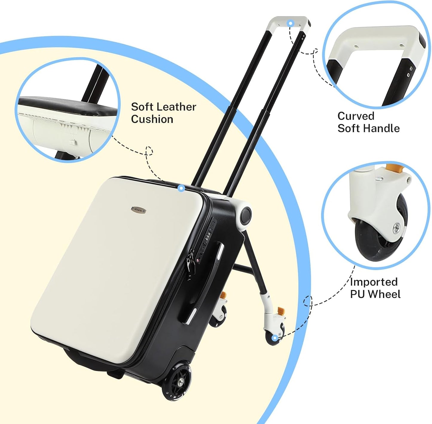 FAHKNS Ride on Suitcase luggage with Seat for Kids,21 inch Hardside Carry on Luggage with Wheels for Travel,2-in-1 Case & Baby Stroller,White