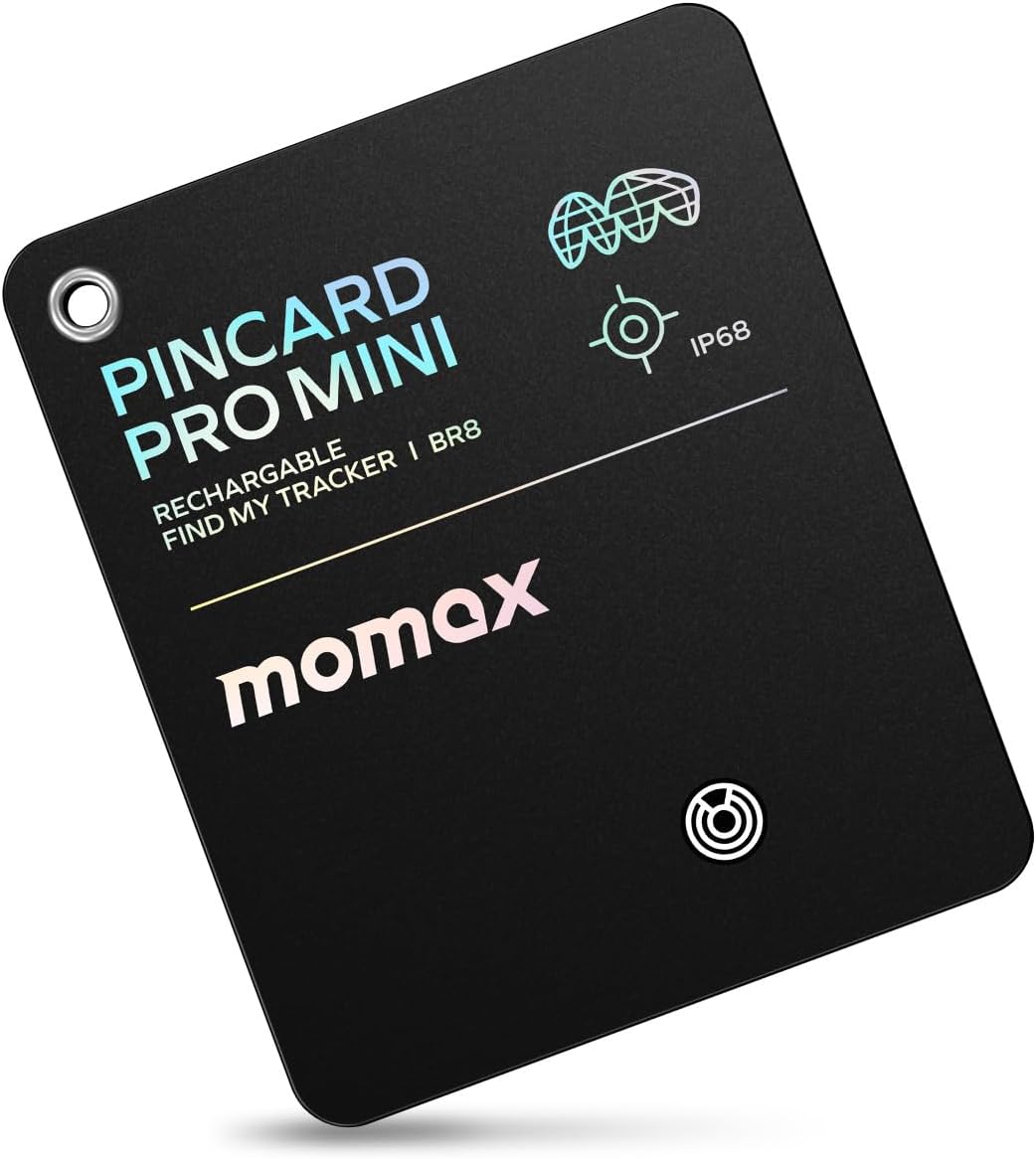 Momax Wallet Tracker Smart Finder - Rechargeable Slim Bluetooth Key Tracking Card with 1-Year Battery, Apple Find My (iOS Only), Item Locator for Luggage Tag, Suitcase, Passport, Backpacks, Mini Size