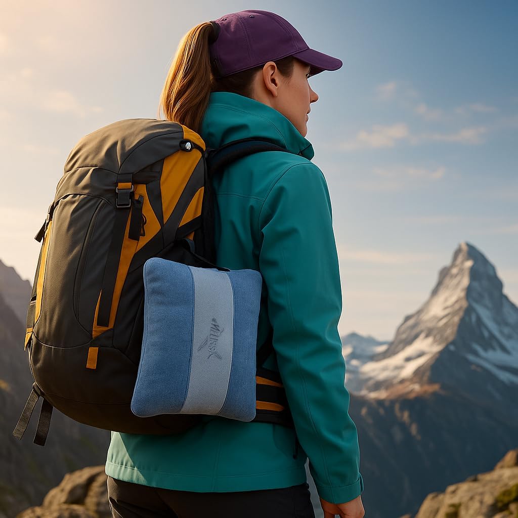 Melissa Large Travel Blanket and Inflatable Pillow Set - 69“ x 43.3” – Soft Blanket with Carry Bag – Lightweight, Compact & Washable for Backpacking, Hiking, Airplane, Car, Office, Camping (Blue)