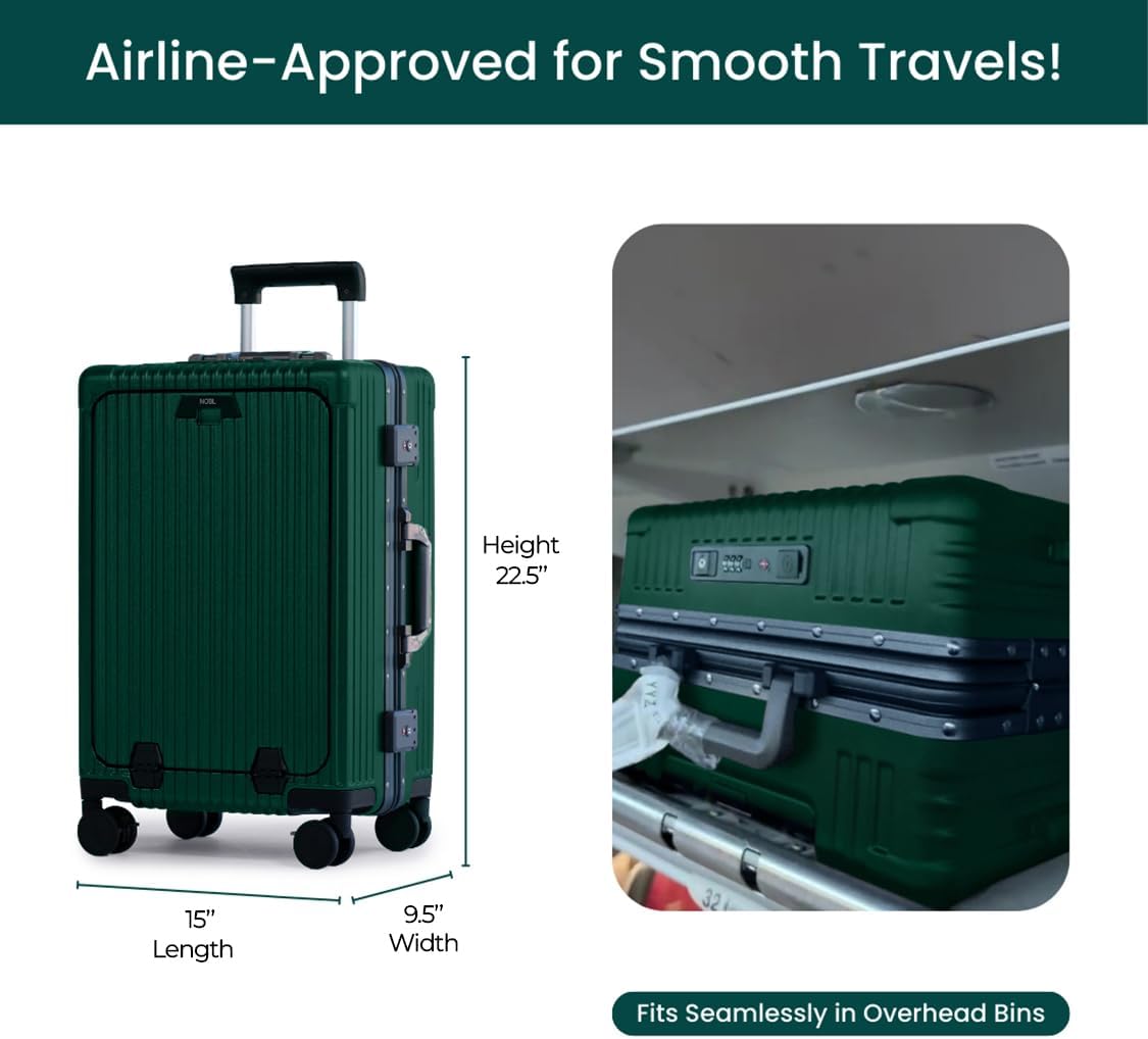 Nobl Travel Carry On Luggage, Noble Zipperless Aluminum Frame PC Hard Shell Suitcase, 22.5x15x9.5 Airline Approved, 360° Spinner Wheels, TSA Locks, USB Charging Port, Cup & Phone Holder -Forest Green