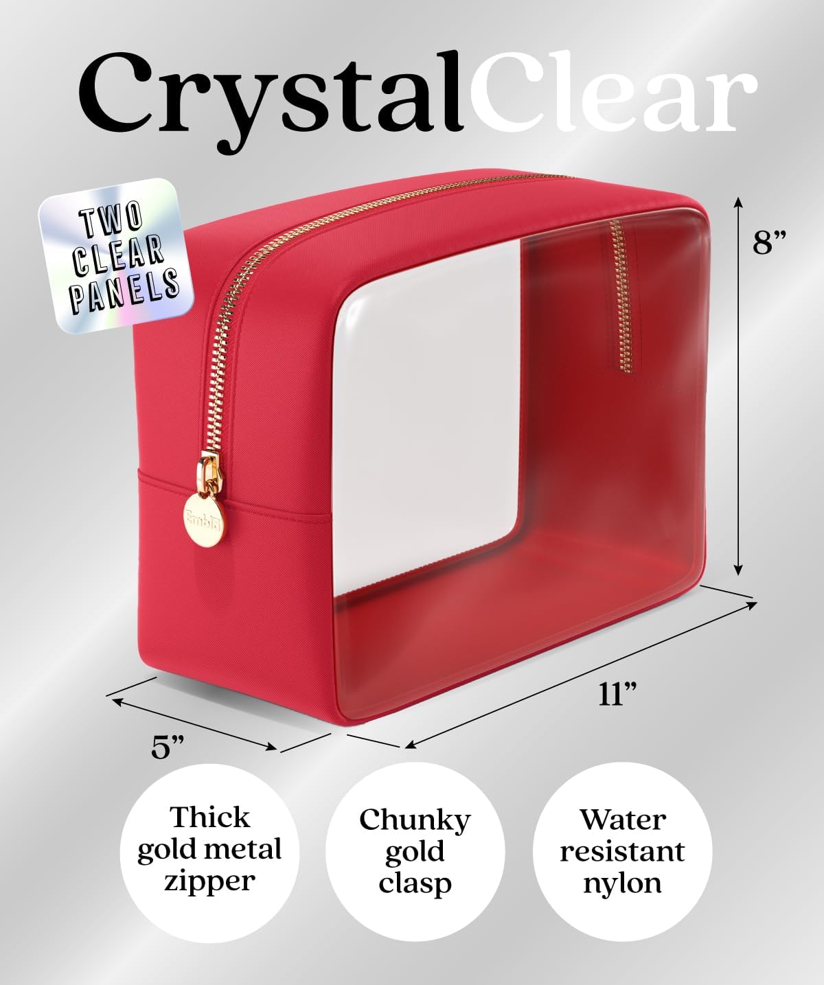 Clear Makeup Bag Zipper Pouch, Transparent Cosmetic Case Organizer, TSA Approved Travel Toiletry Case, Travel Accessories Essentials Makeup Tote for Women, Large Cute Make up Bag for Purse - Ruby