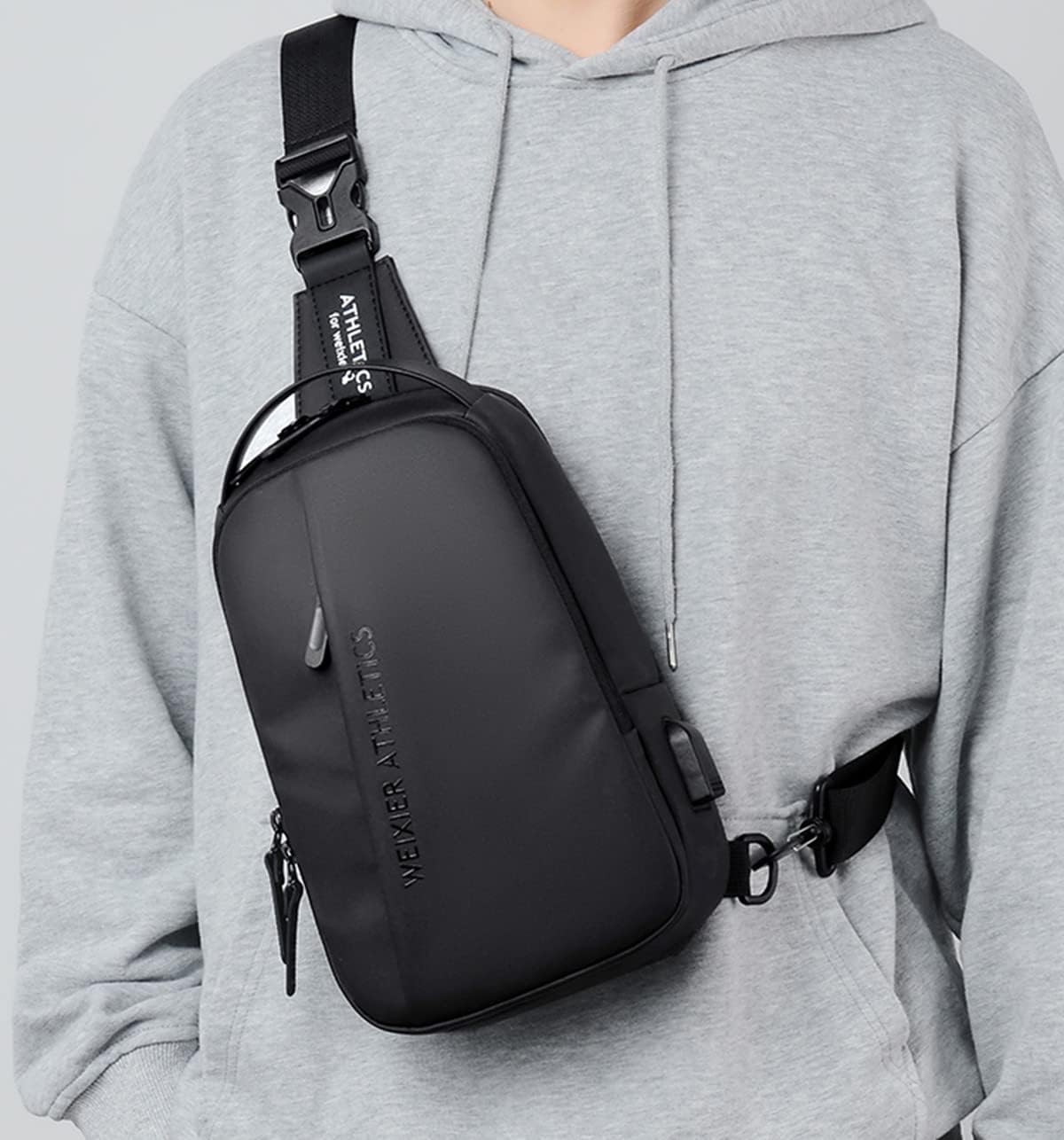 Waterproof Sling Bags Mens Shoulder Crossbody Backpack with USB Charging Port& Headphone,Outdoor Lightweight Bag