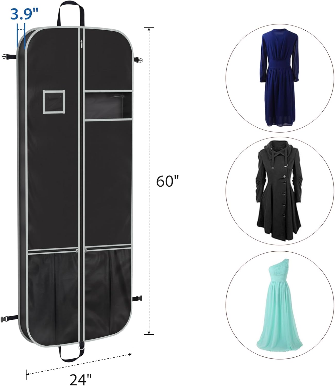 Zilink Upgrade 60" Garment Bag for Long Coat, Leather,Fur, Mink, Gown and Choir Robe with 3.9" Gusset and Stable Buckles Heavy Duty, Hanging, Breathable, Foldable Travel and Wardrobe Clothes Protector