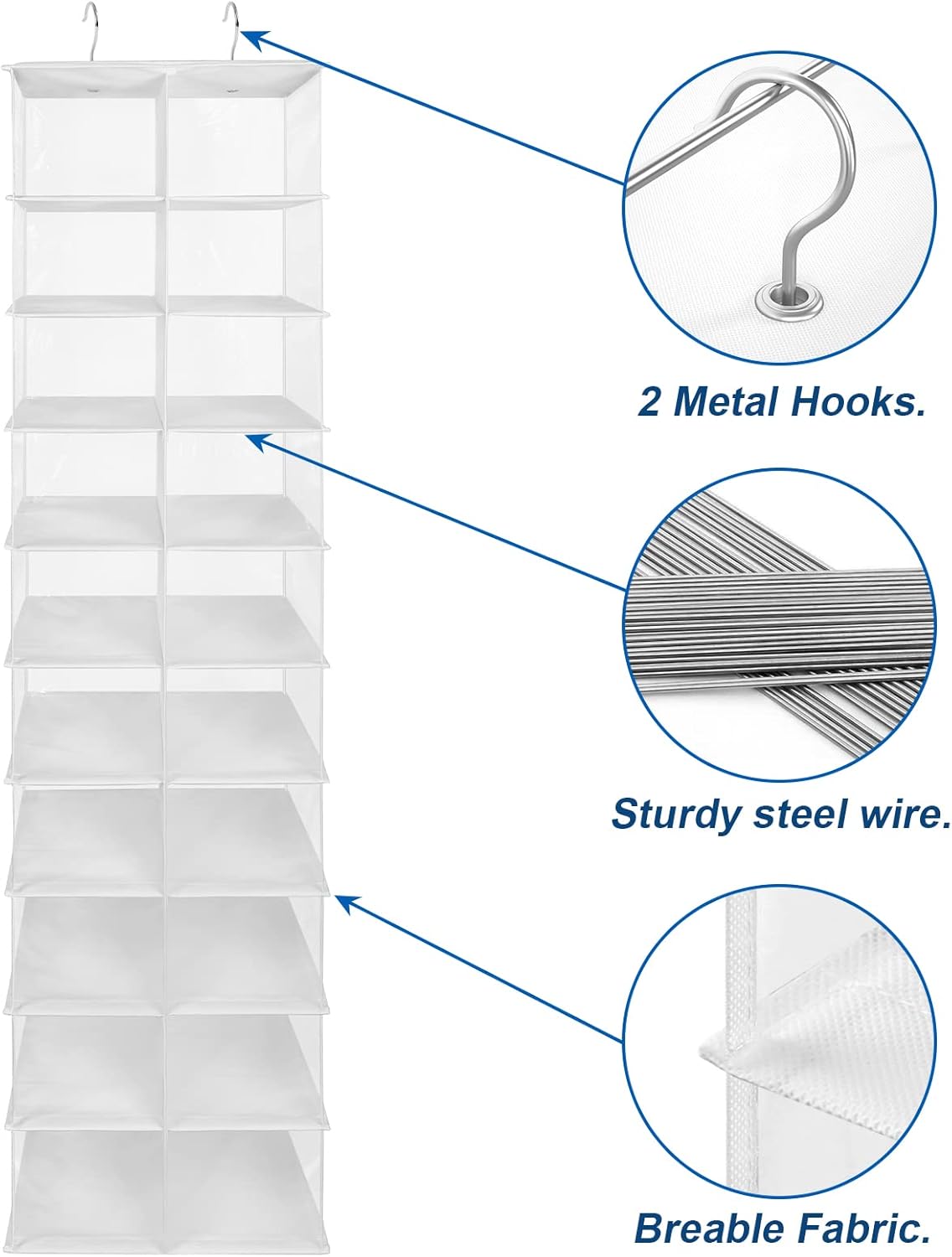 coastal rose Hanging Shoe Organizer for Closet, 20 Sections Hanging Closet Organizers and Storage Shelves, Space Saving Shoe Storage Rack Holder, Transparent White, 12''W×12''Dx 50''H