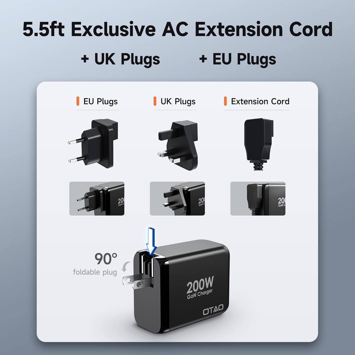 200W USB C Charger Block, 4 Ports GaN Fast Charging Station Wall Charger, PD3.0 PPS 100W QC3.0 65W Power Station Travel Adapter with AC Cord UK/EU Plug for MacBook Pro/Ai/iPhone 15/14/13/ S24