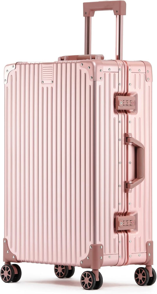 Metal All Aluminum Carry-on Luggage TSA Customs Lock Zipperless Silent Rotary Wheel Business Suitcase Aluminum Frame Set (rose gold, 28 '')