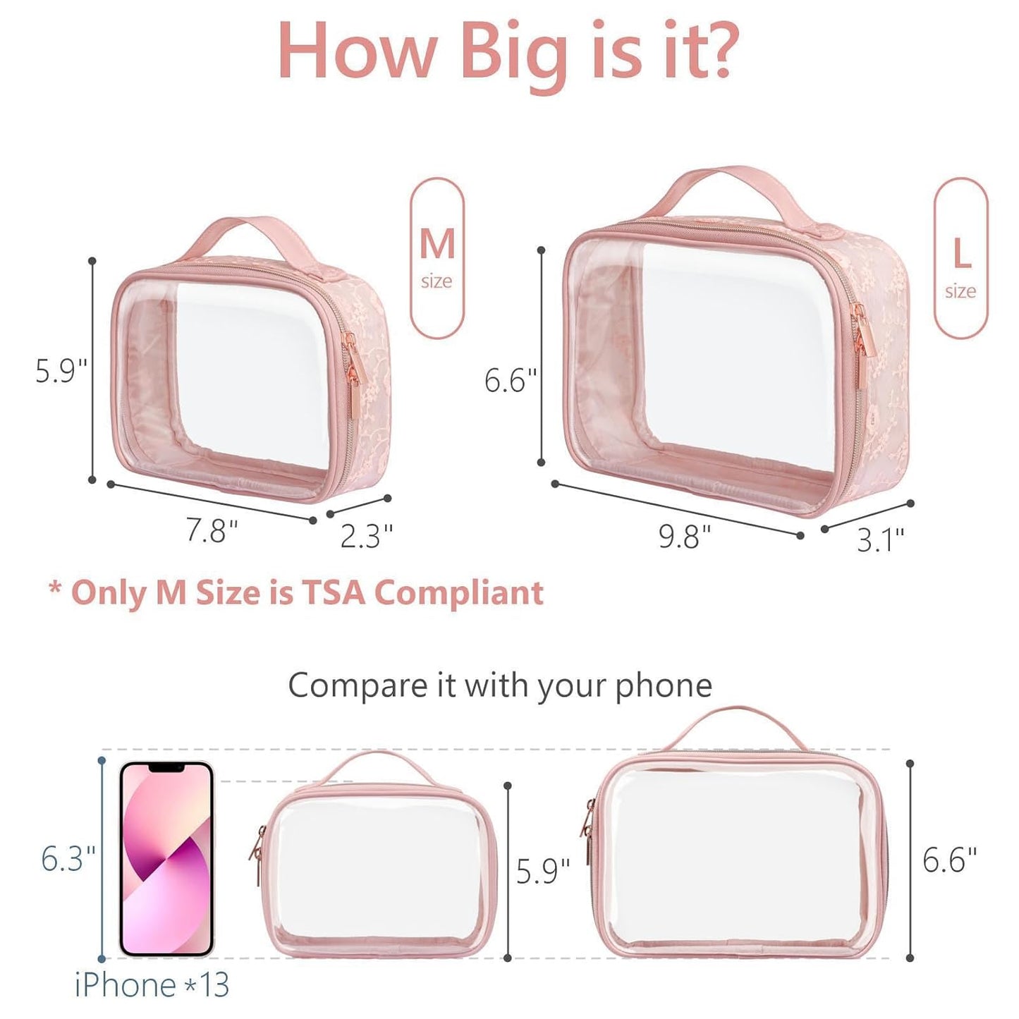 PACKISM Floral Texture Lace TSA Approved Toiletry Bag - 180° Large Opening Clear Makeup Bags in 2 Size, Clear Bags for Travel with Handle, 0.5 mm Thick Non-deformable No Smell, Pink