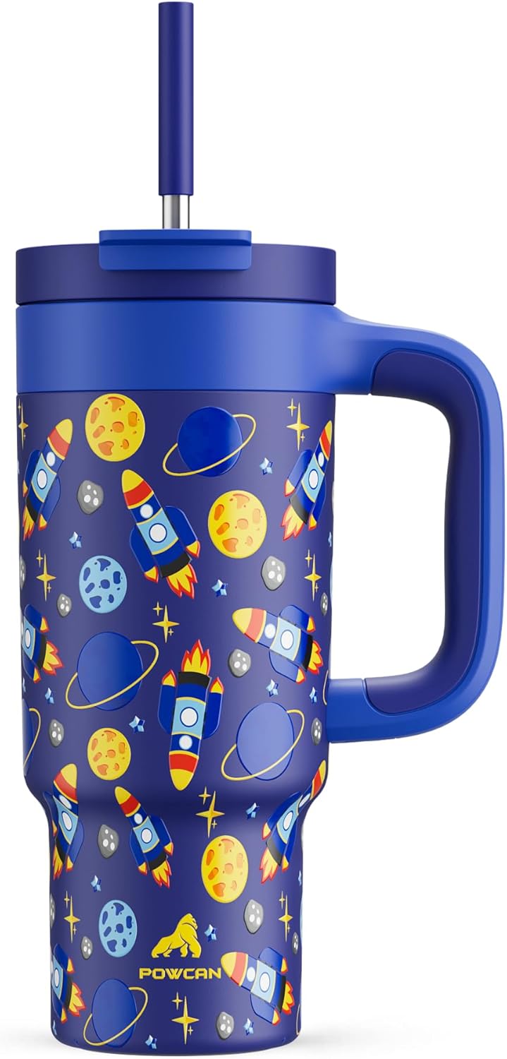 24 oz Stainless Steel Tumbler for Children: Durable Handle, Easy to Clean, Straw Gulp Lid, Car Cup Holder Friendly, Insulated Cup for Sport, Hiking, Carry, Adventures, Bag, Classroom (Space Rocket)