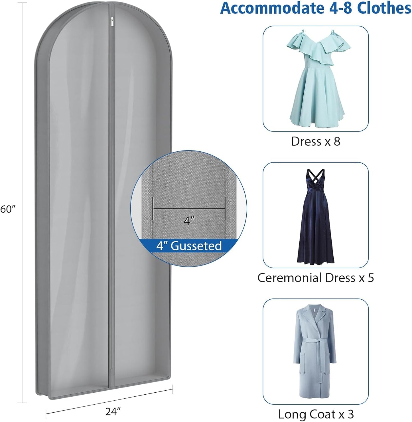 Zilink Luxury Breathable Fur Coat Storage Bags 60" Dress Bags for Gowns Long Mink Coat Garment Bag with 4" Gussted Wrinkle Free for Leather Jacket Fur Coats Puffy Dress Storage, Set of 4