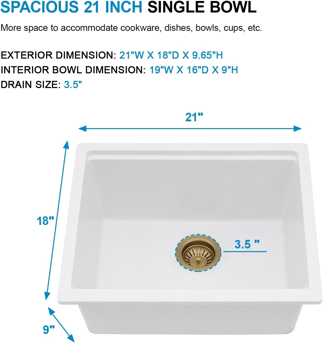 21 Inch White Granite Composite Bar Sink 21x18 Single Bowl Granite Composite Undermount Small Kitchen Sink Small Wet Bar Sinks with Workstation Quartz Natural Stone