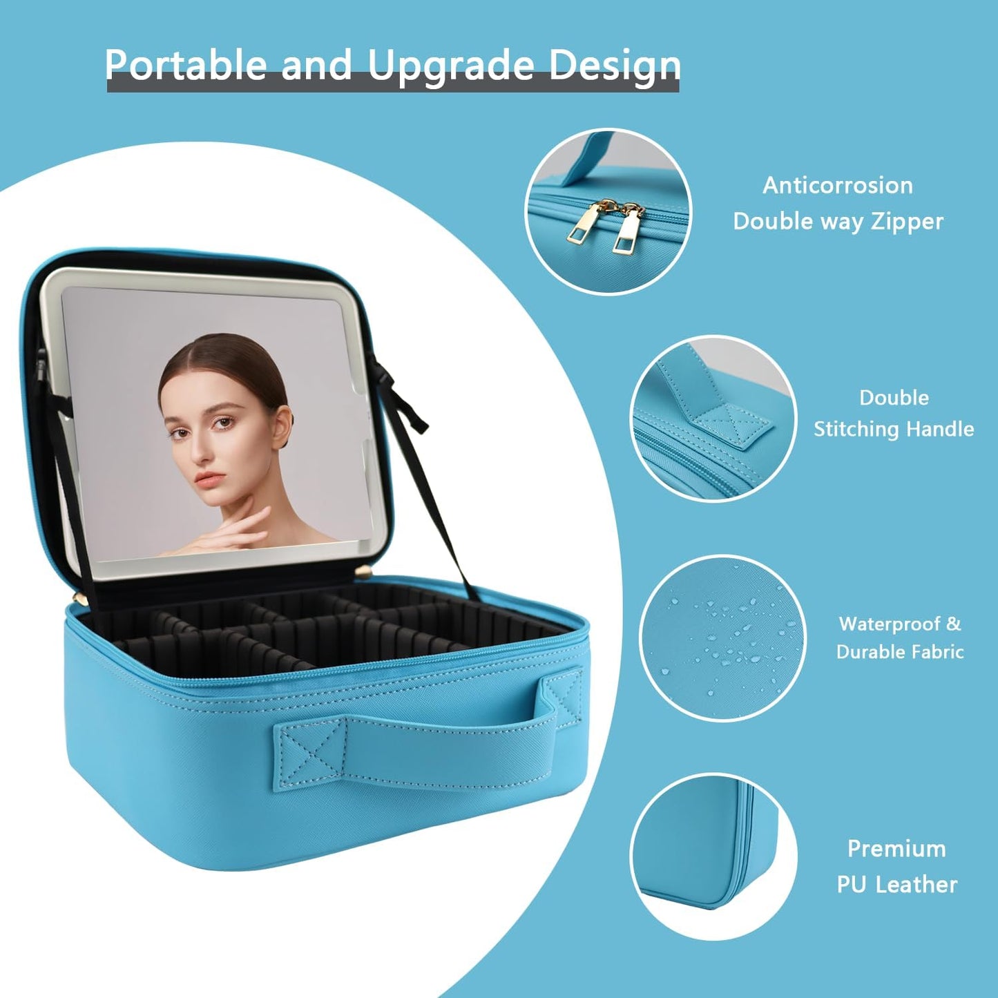 Makeup Bag with Led Mirror,Travel Makeup Organizer with 3 Color Setting, Portable Storage and Adjustable Dividers Travel Makeup Bag(blue)