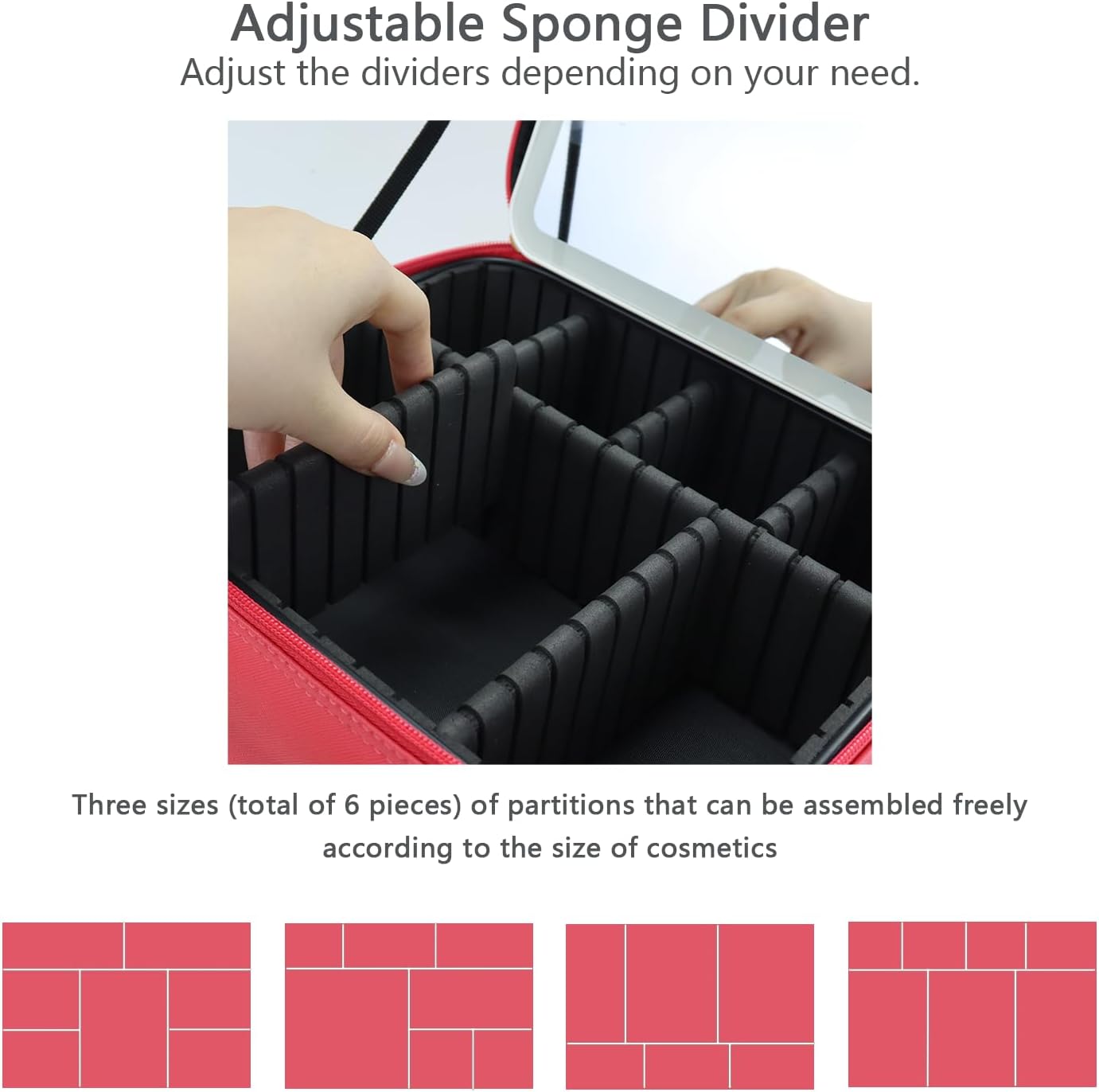 Makeup Bag with Led Mirror,Travel Makeup Organizer with 3 Color Setting & 10X Magnifying Mirror, Portable Storage and Adjustable Dividers Travel Makeup Bag-light red